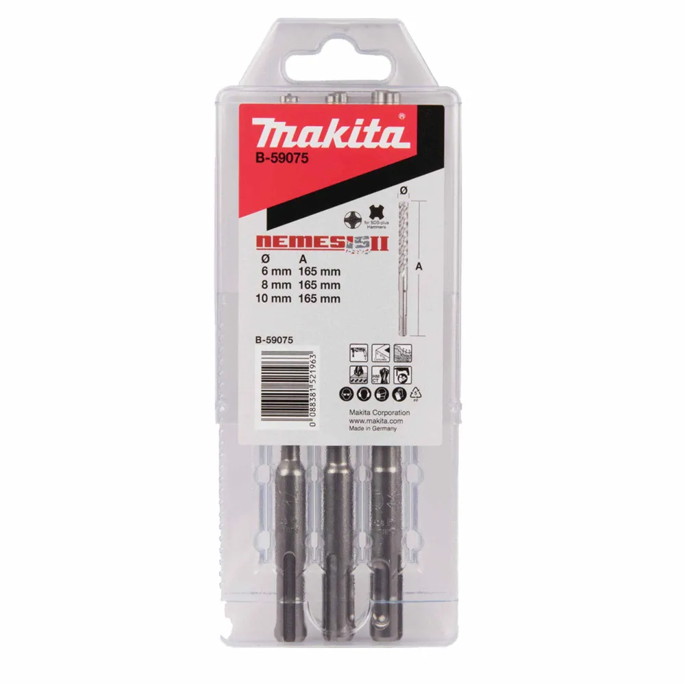 Set med 3 Nemesis II Makita B-59075 SDS-PLUS-bits